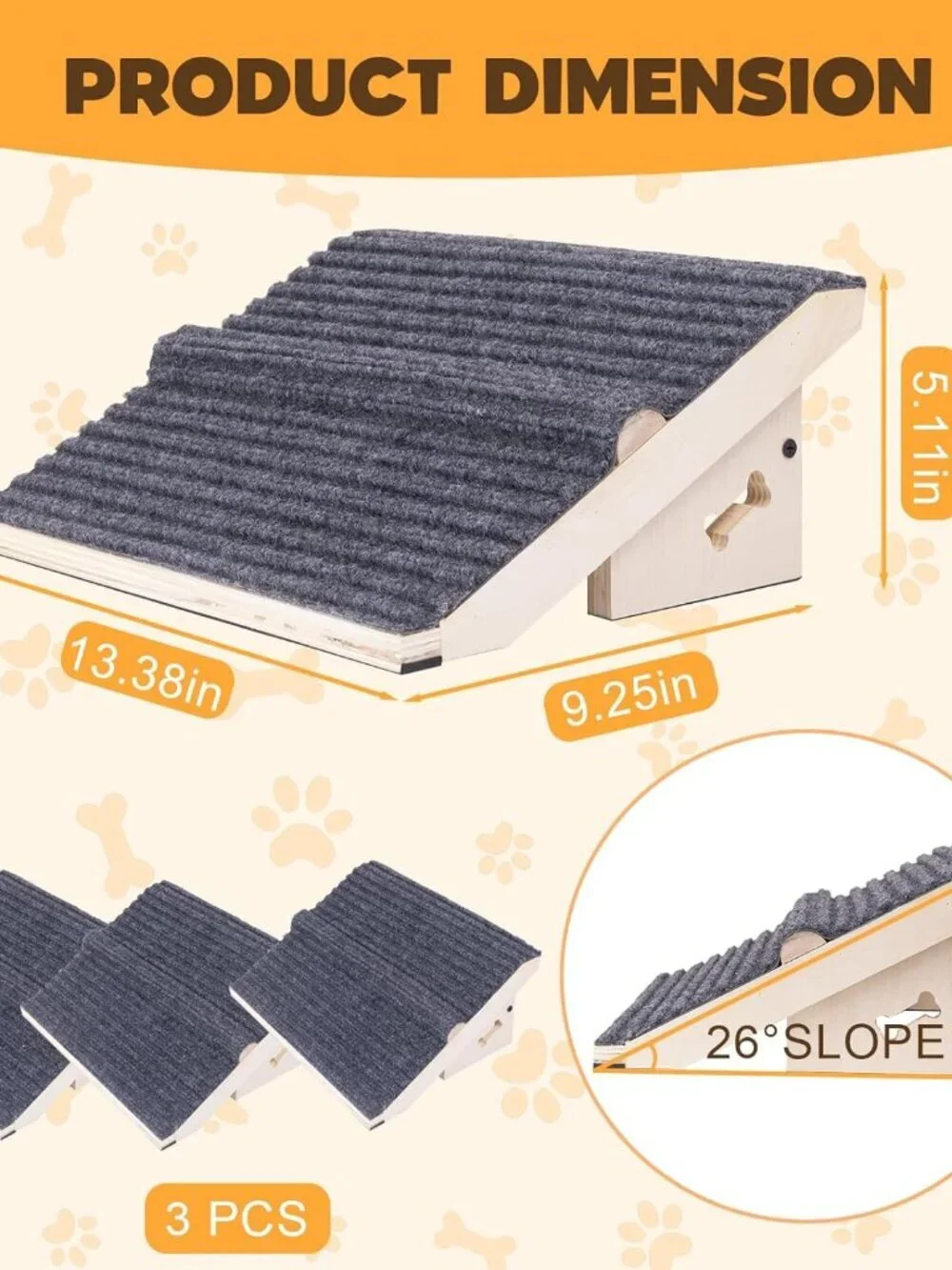 3 Pack Wooden Dog Ramp for Stairs,Friendly to Short-Legged/Small/Injured